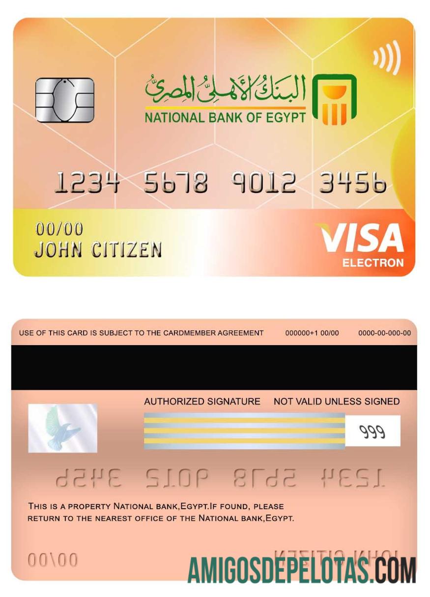 Cartão Visa Electron do Banco Nacional do Egito exemplo